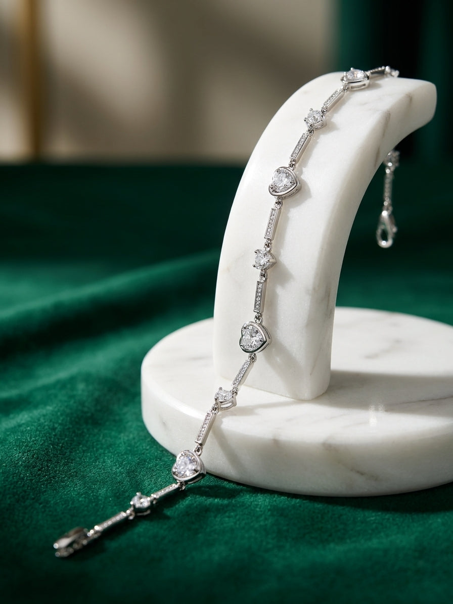 Elegant Silver-Tone Heart Link Sparkling Cubic Zirconia Bracelet for Women