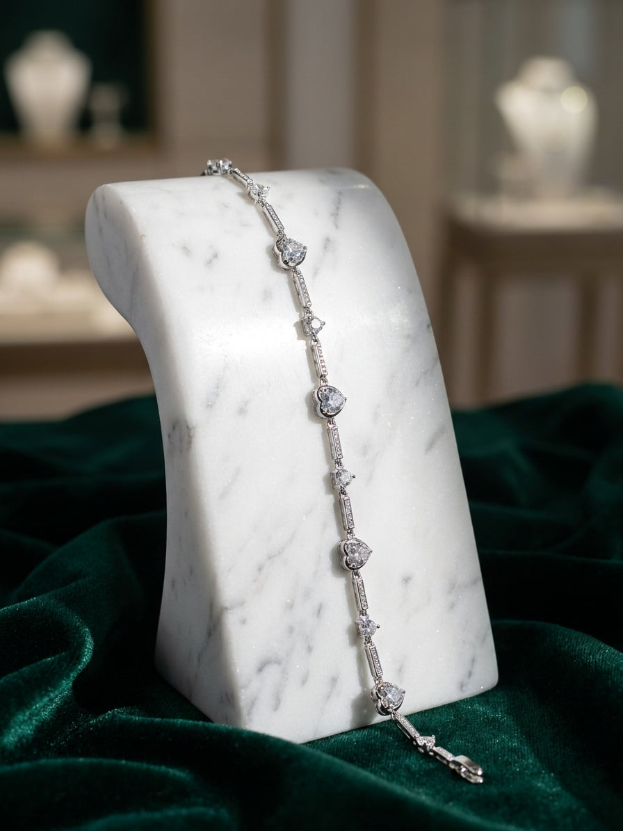 Elegant Silver-Tone Heart Link Sparkling Cubic Zirconia Bracelet for Women