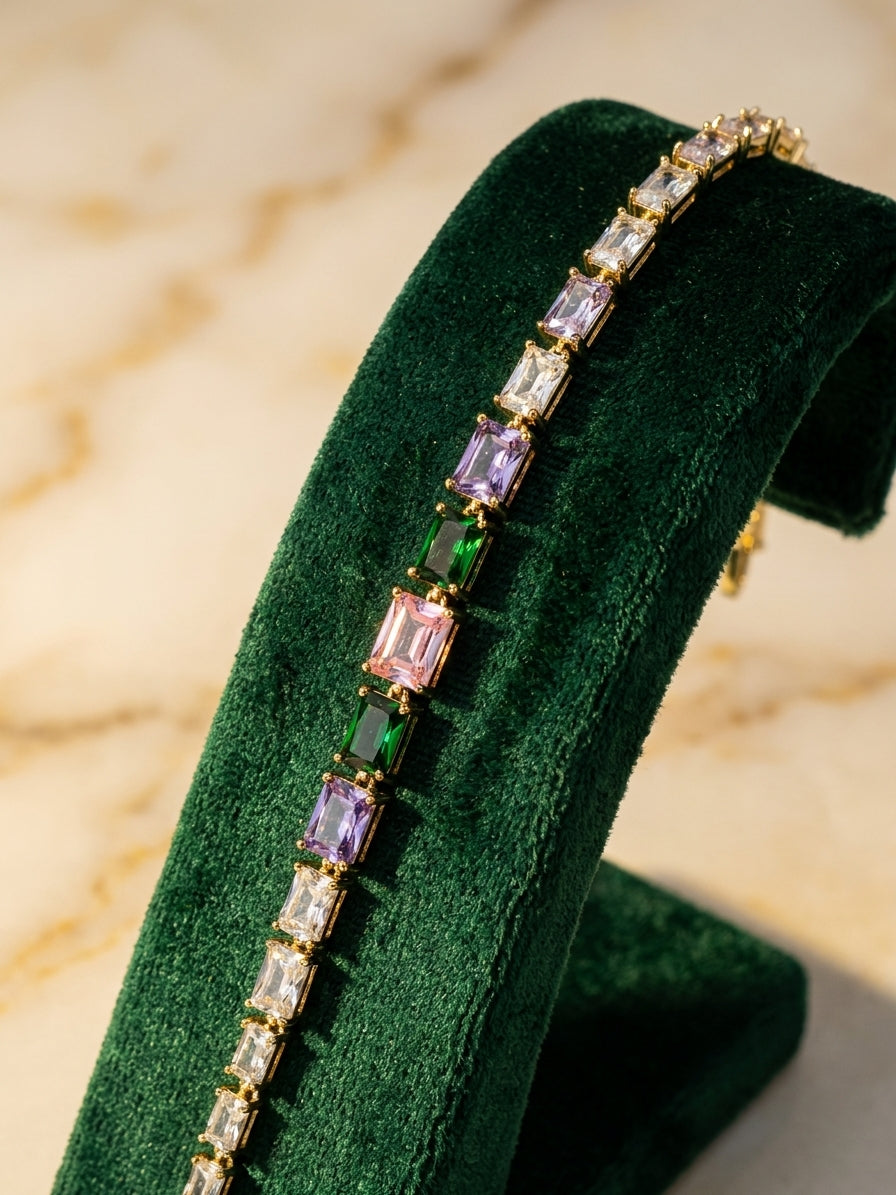 Elegant Multi-Colour Baguette Tennis Bracelet in Gold Tone