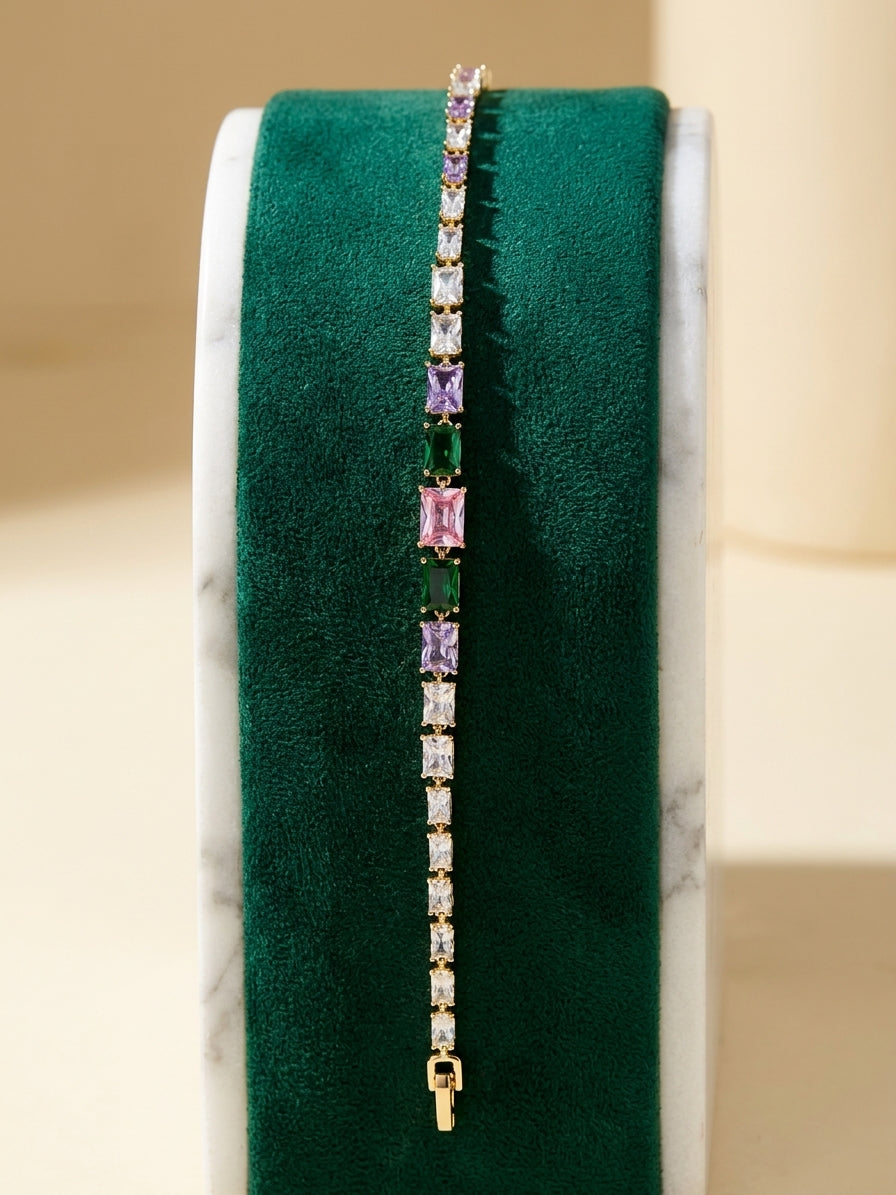 Elegant Multi-Colour Baguette Tennis Bracelet in Gold Tone