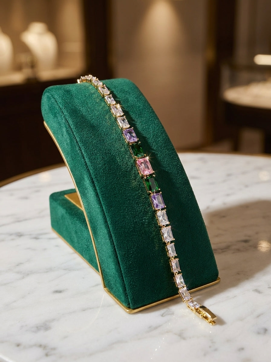 Elegant Multi-Colour Baguette Tennis Bracelet in Gold Tone