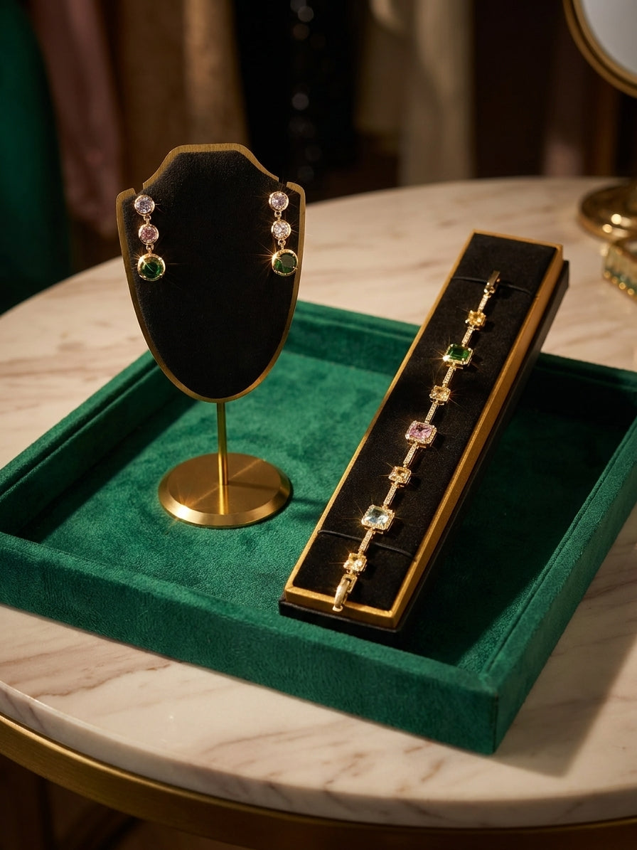 Elegant Gold-Plated Multicolour Gemstone Jewellery Set - Drop Earrings & Bracelet