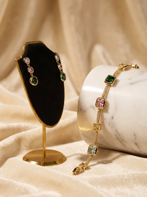 Elegant Gold-Plated Multicolour Gemstone Jewellery Set - Drop Earrings & Bracelet