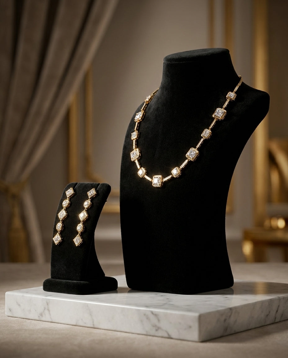 Elegant Gold-Tone Geometric Crystal Jewellery Set - Drop Earrings and Matching Bracelet