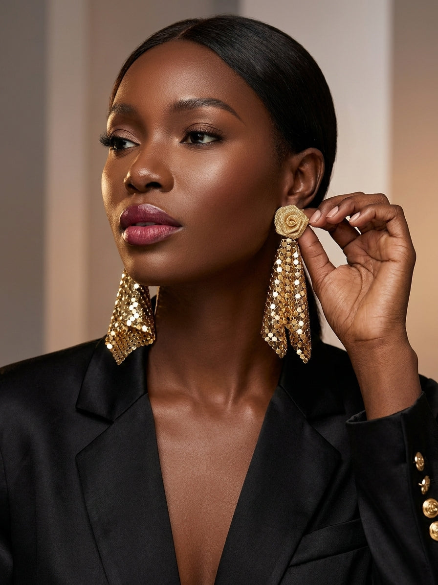 Gold Rose Mesh Statement Earrings - Elegant Cascading Metal Mesh Dangle Earrings