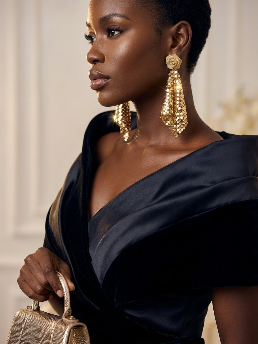Gold Rose Mesh Statement Earrings - Elegant Cascading Metal Mesh Dangle Earrings
