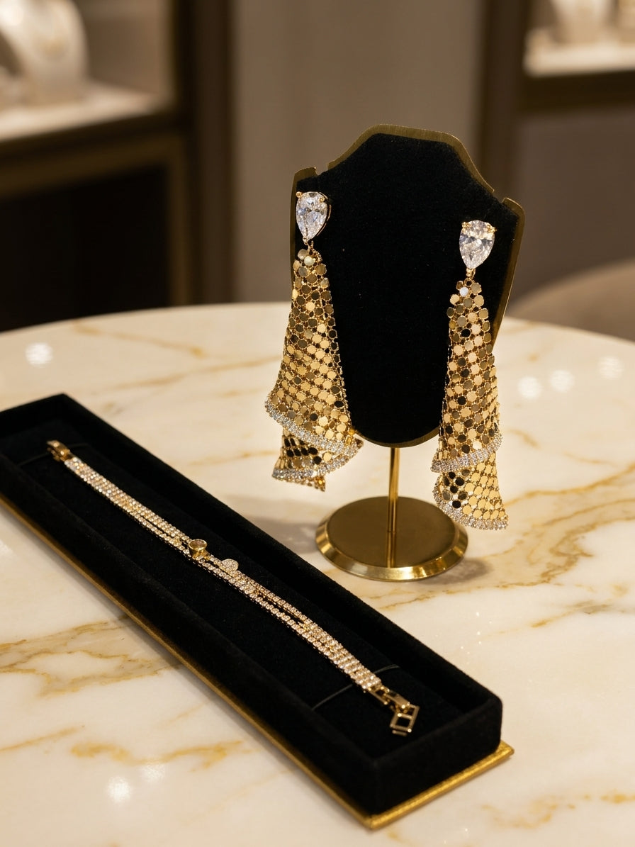 Elegant Gold-Tone Mesh Tiered Drop Earrings and Tennis Bracelet Jewelry Set