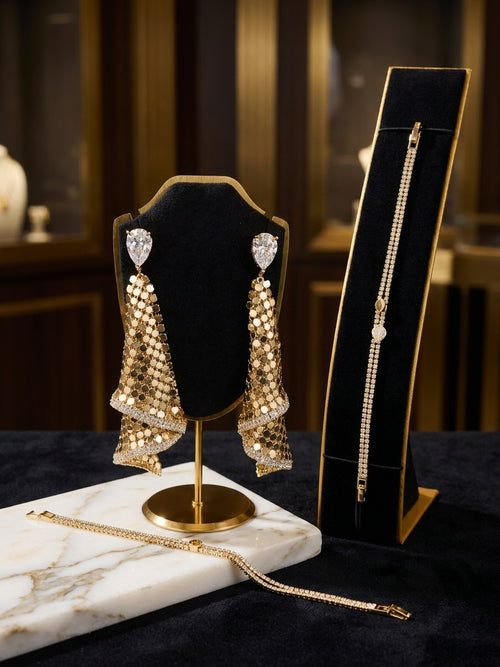 Elegant Gold-Tone Mesh Tiered Drop Earrings and Tennis Bracelet Jewelry Set