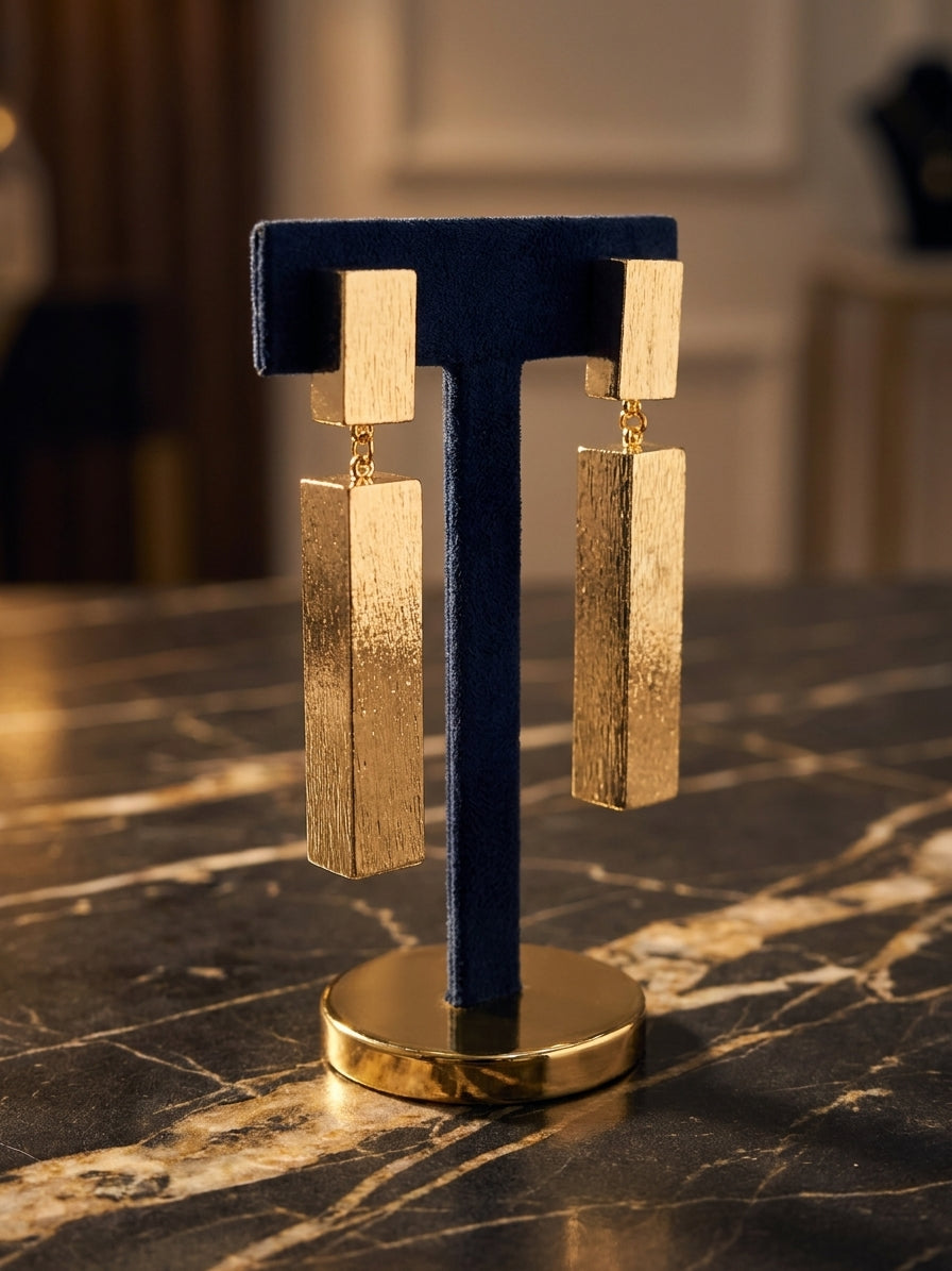 Modern Textured Gold-Tone Rectangular Bar Drop Earrings