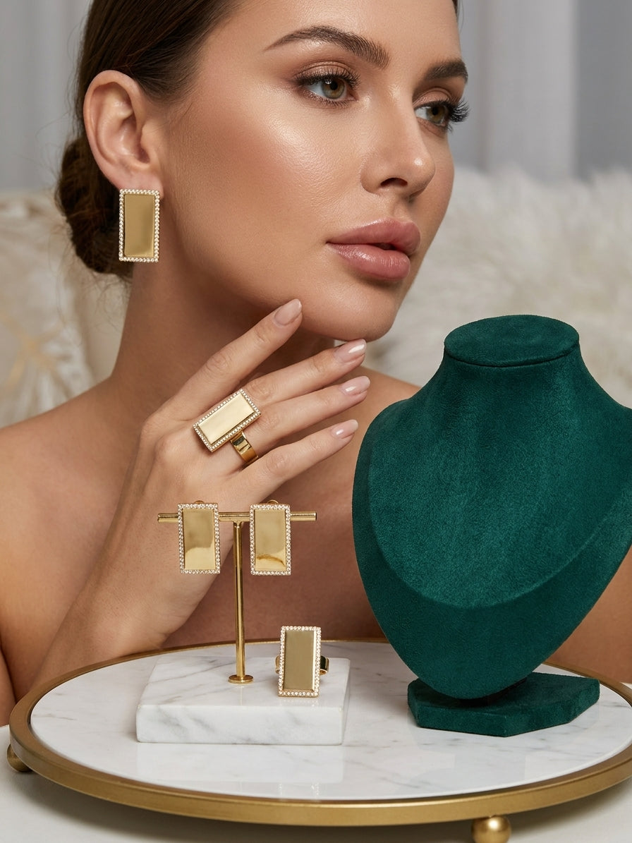 Elegant Gold-Toned Rectangular Crystal Border Earring and Ring Set