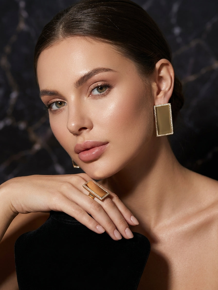 Elegant Gold-Toned Rectangular Crystal Border Earring and Ring Set