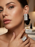 Silver-Tone Geometric Jewellery Set - Rectangular Stud Earrings and Statement Ring with Crystal Halo